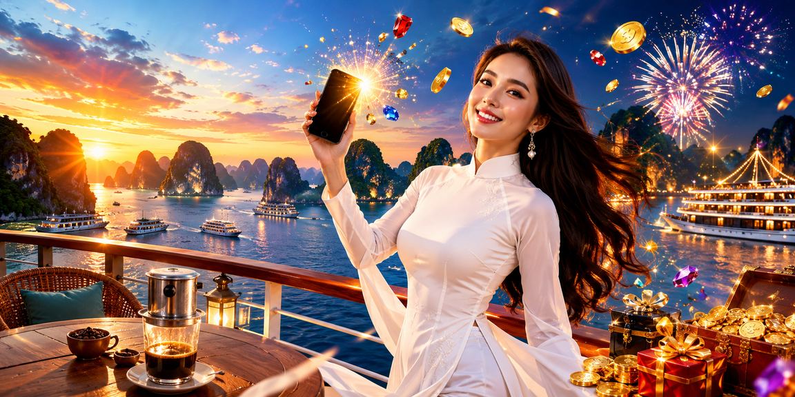 Người phụ nữ mặc áo dài chơi casino mobile tại Vịnh Hạ Long